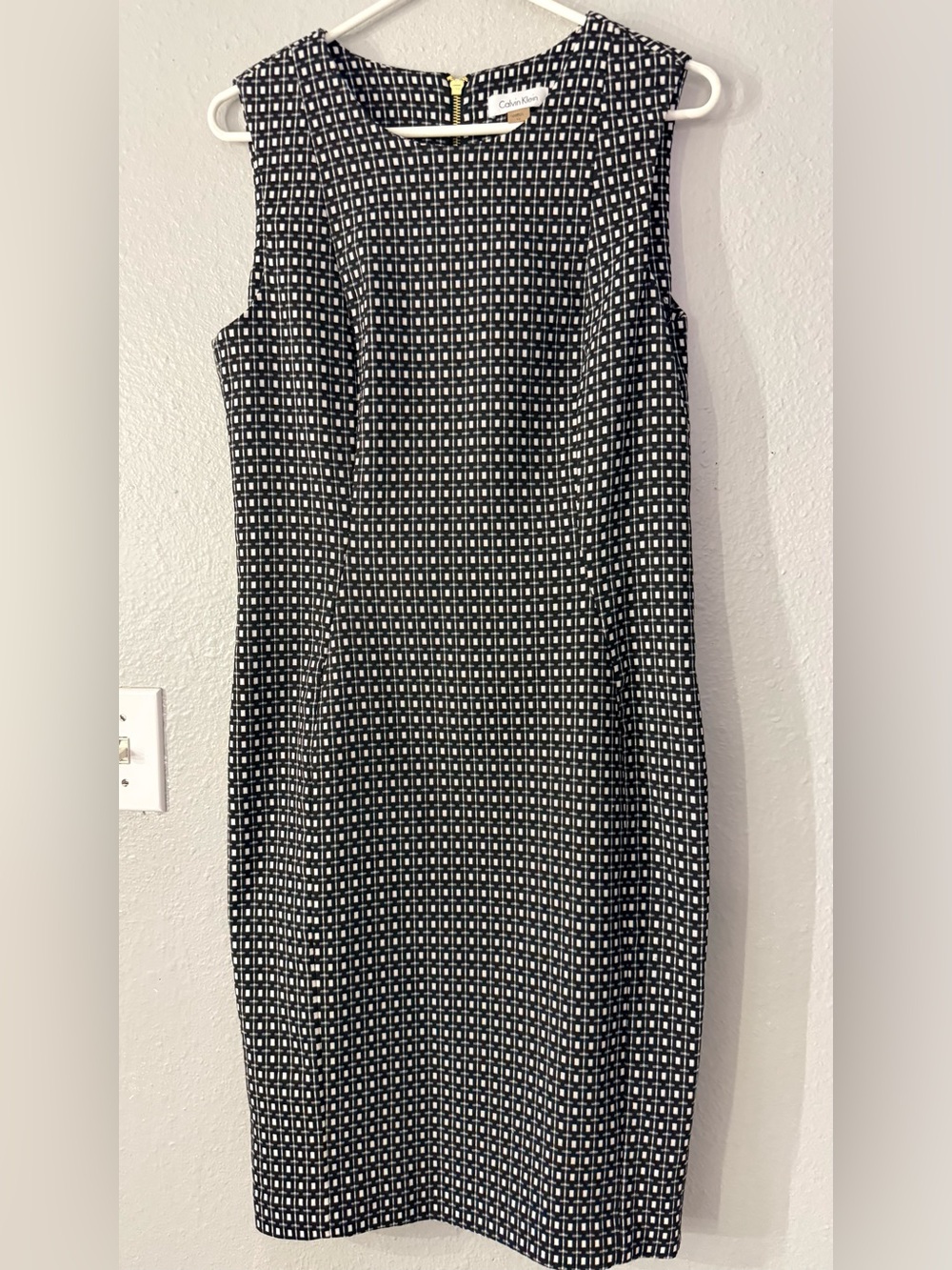 Calvin Klein Black and White Geometric Midi Sheath Dress
